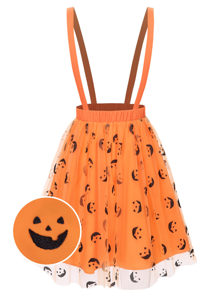 Orange 1940s Halloween Smiley Face Mesh Suspender Skirt - vintage skirt, retro style