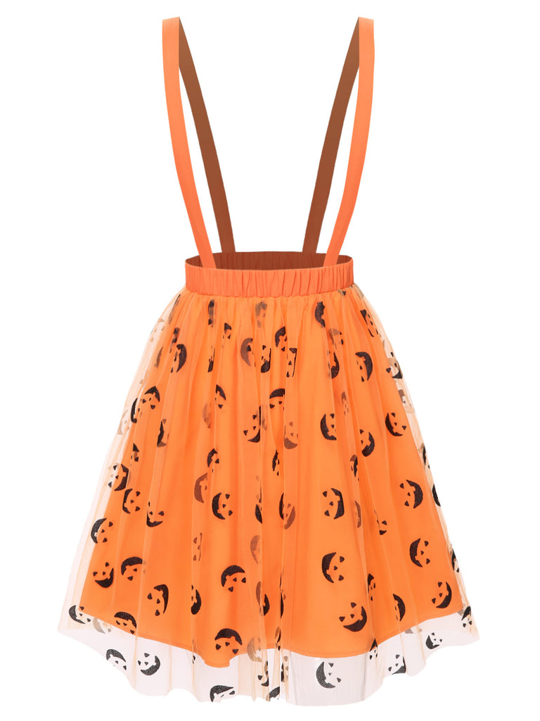Orange 1940s Halloween Smiley Face Mesh Suspender Skirt - vintage skirt, retro style