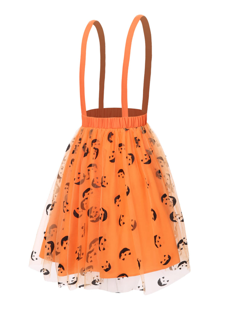 Orange 1940s Halloween Smiley Face Mesh Suspender Skirt - vintage skirt, retro style