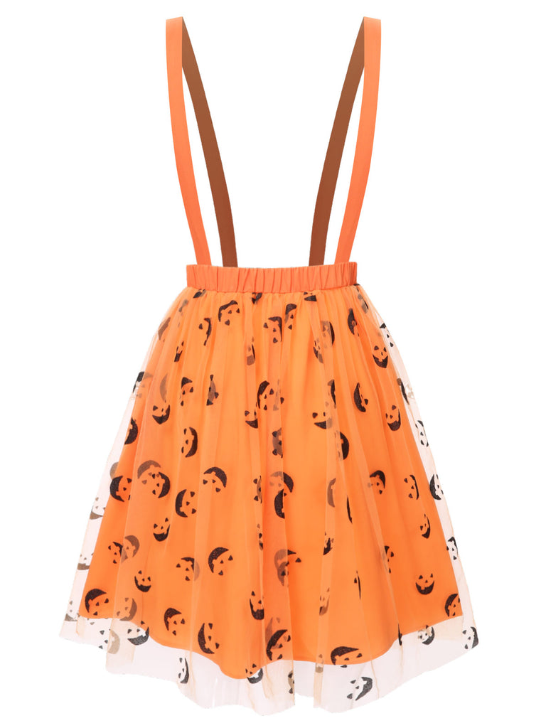Orange 1940s Halloween Smiley Face Mesh Suspender Skirt - vintage skirt, retro style