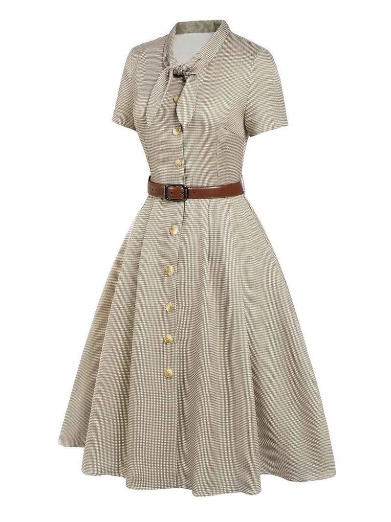 Brown 1940s Small Windowpane Plaid Dress | Retro Stage