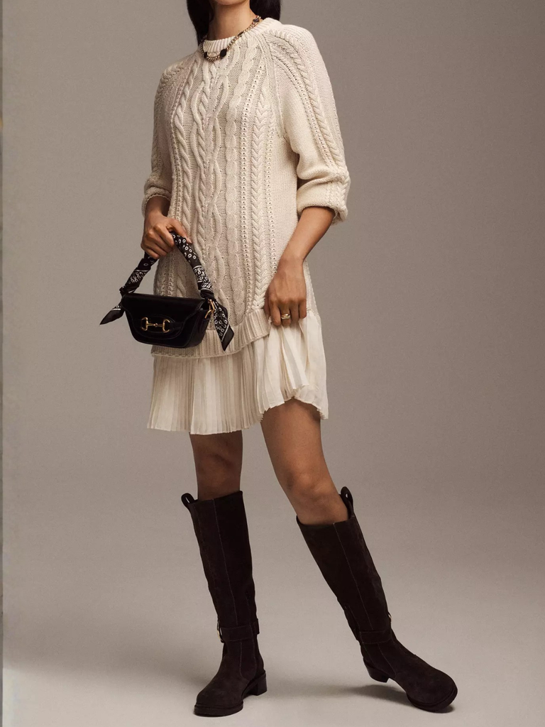 Women's Cable Knitted Sweater Dress | Solid Pleated Hem Mini Dress | Beige Women's Cable Knitted Sweater Dress | Solid Pleated Hem Mini Dress | Beige