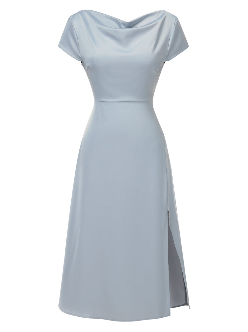 solid cowl neck slit midi dress Formal Satin Slit Midi Dress