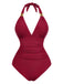 1940s Solid Deep V Halter Ruched One-Piece Swimsuit - vintage swimsuit, pin-up style