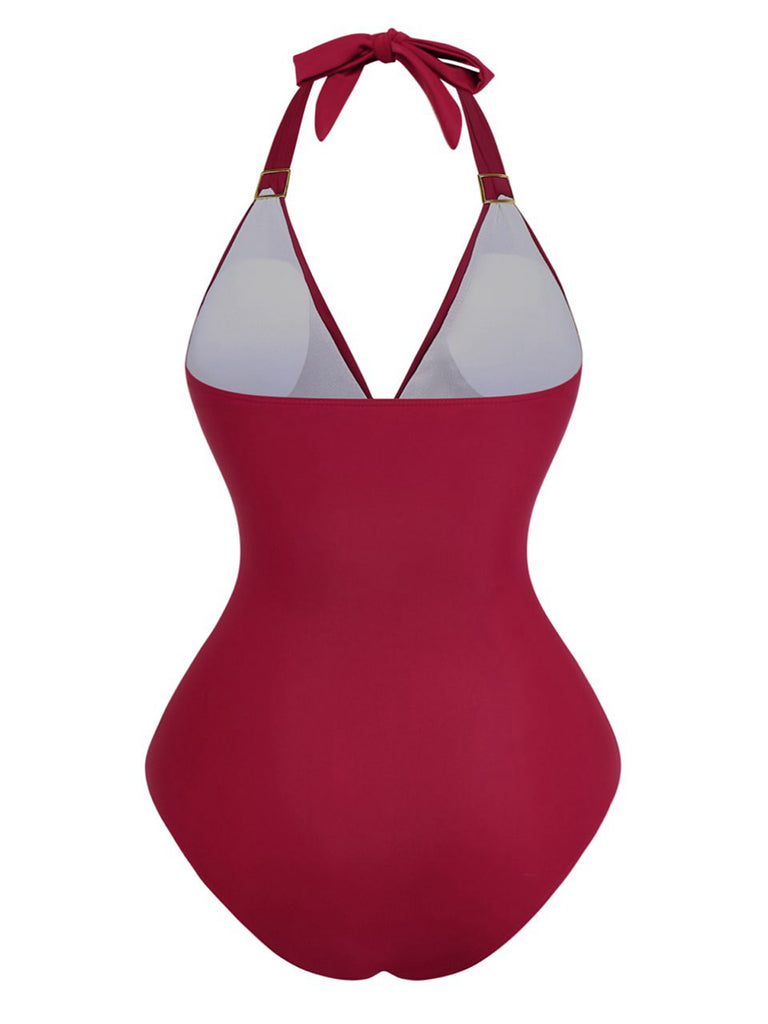 1940s Solid Deep V Halter Ruched One-Piece Swimsuit - vintage swimsuit, pin-up style