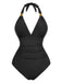 1940s Solid Deep V Halter Ruched One-Piece Swimsuit - vintage swimsuit, pin-up style