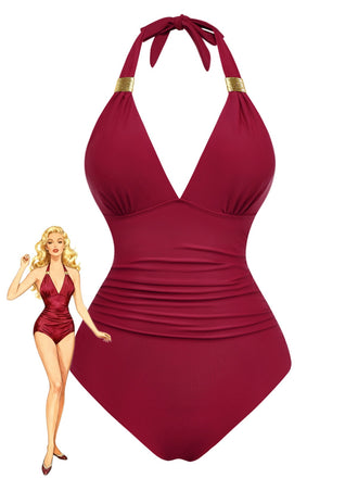 She's wearing 1940s Solid Deep V Halter Ruched One-Piece Swimsuit and the whole beach remembers the 1940s