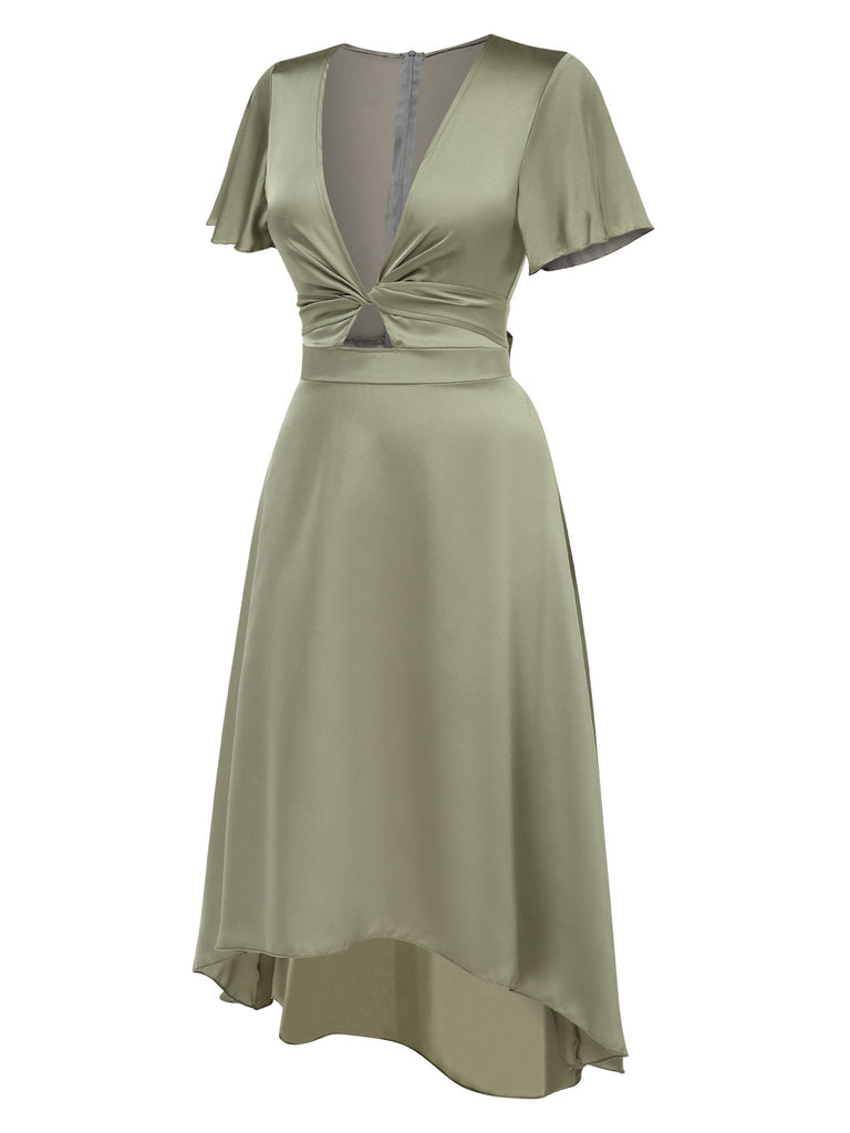 Retro Stage Solid Deep V-Neck Twisted Satin Midi Dress Retro Stage Solid Deep V-Neck Twisted Satin Midi Dress