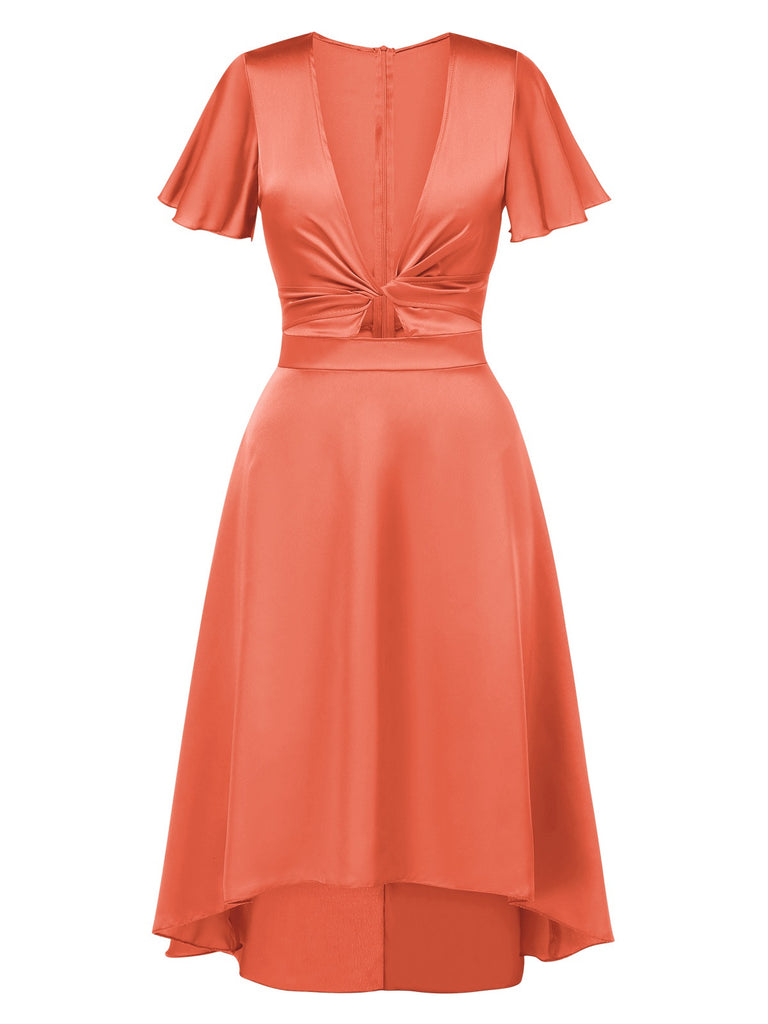 Retro Stage Solid Deep V-Neck Twisted Satin Midi Dress