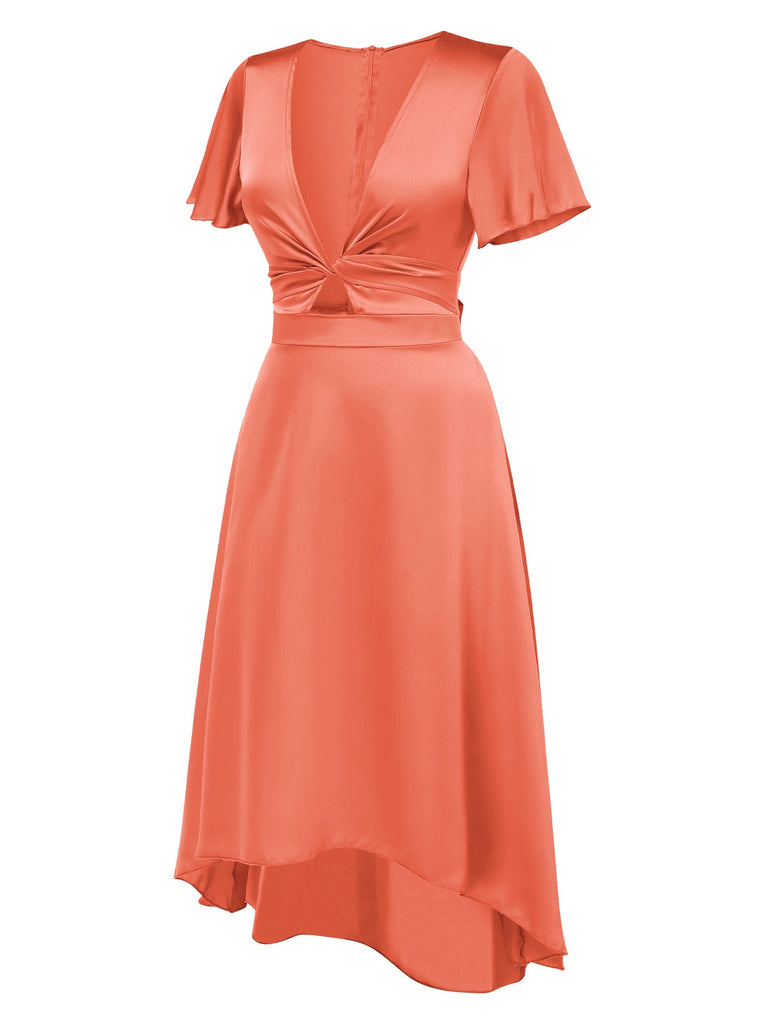 Retro Stage Solid Deep V-Neck Twisted Satin Midi Dress Retro Stage Solid Deep V-Neck Twisted Satin Midi Dress