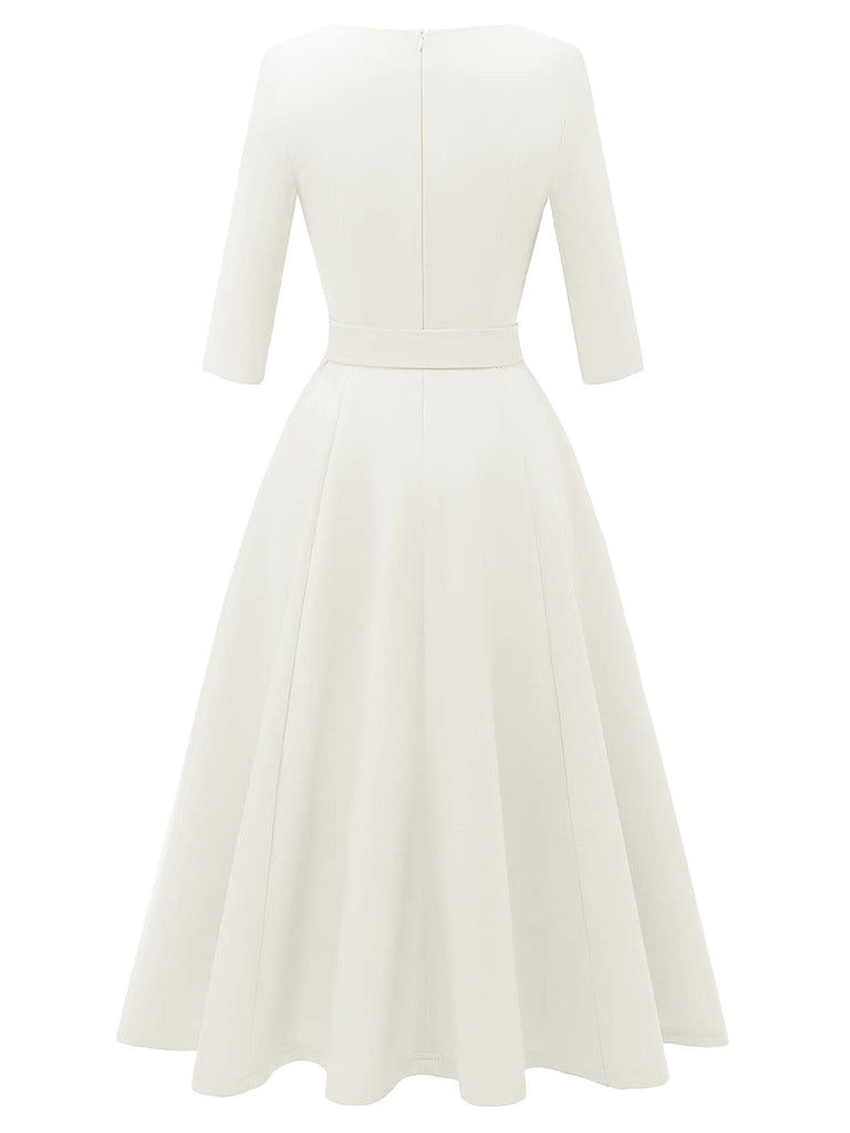 1940s Solid Fit Bow 3/4 Sleeves Swing Dress - vintage dress, retro fashion, rockabilly