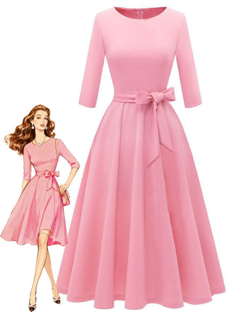 1940s Solid Fit Bow 3/4 Sleeves Swing Dress - vintage dress, retro fashion, rockabilly