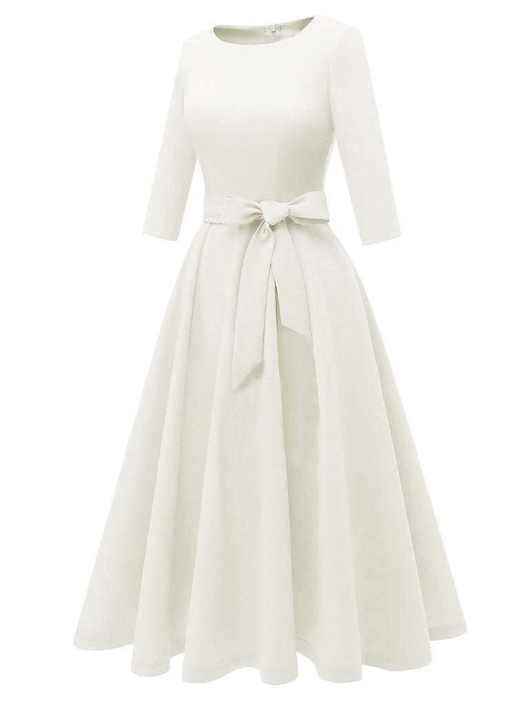 1940s Solid Fit Bow 3/4 Sleeves Swing Dress - vintage dress, retro fashion, rockabilly