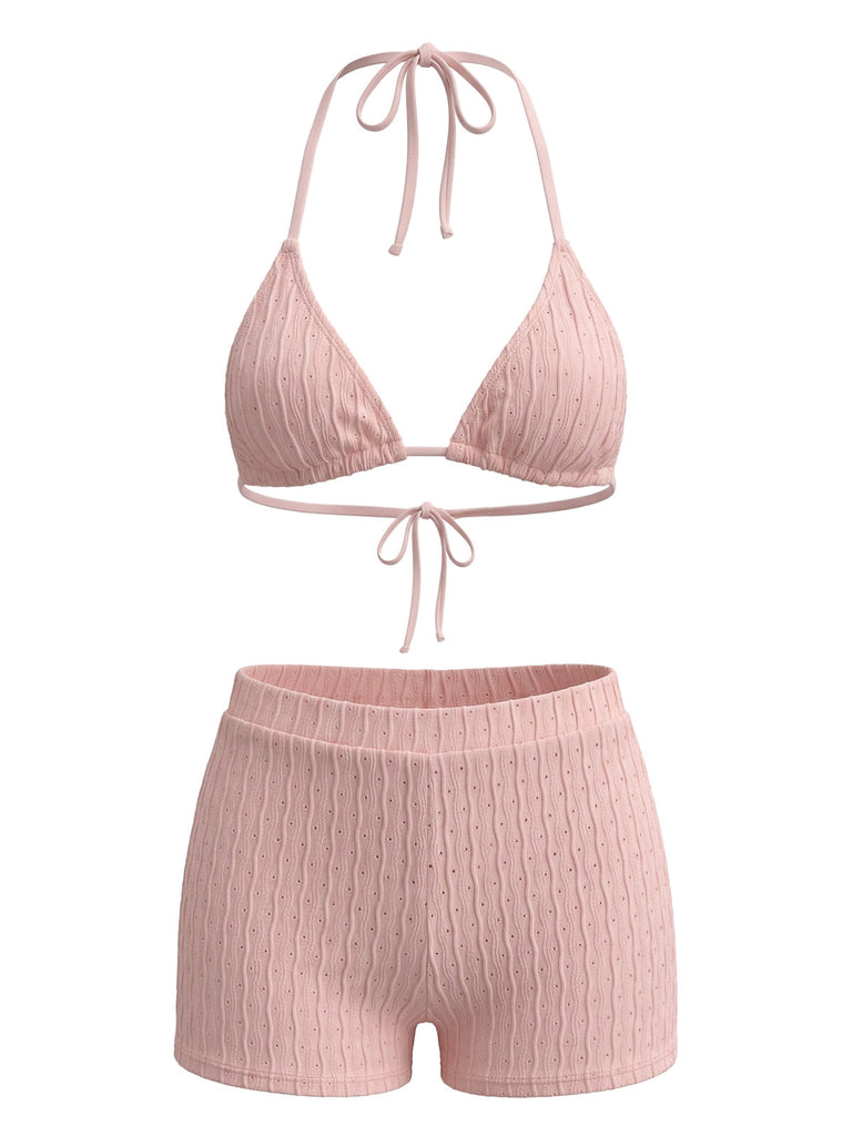 1940s Halter Triangle Textured Bikini Set 6