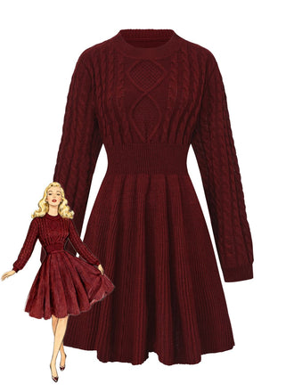 1940s Solid Knitted Lantern Sleeve Sweater Dress - vintage dress, retro fashion