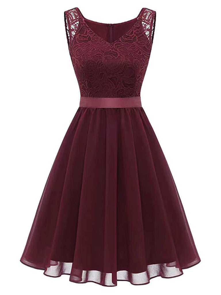 white christmas dresses Women's Vintage O Neck Lace Patchwork Chiffon Swing High-Low Bridesmai