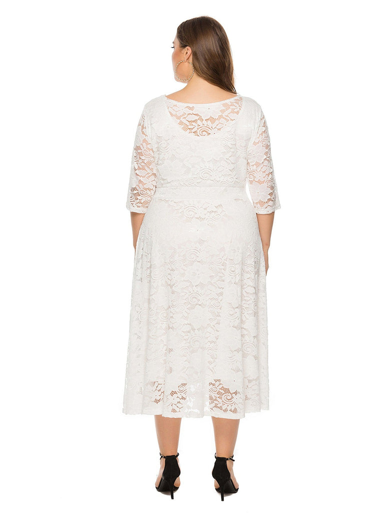 Beige 1940s Lace Midi Swing Dress - vintage dress, retro fashion, rockabilly