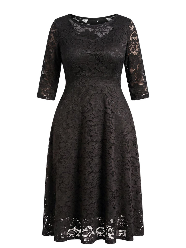 knee length dresses for ladies Plus Size] 1940s Solid Lace Pocket Swing Dress