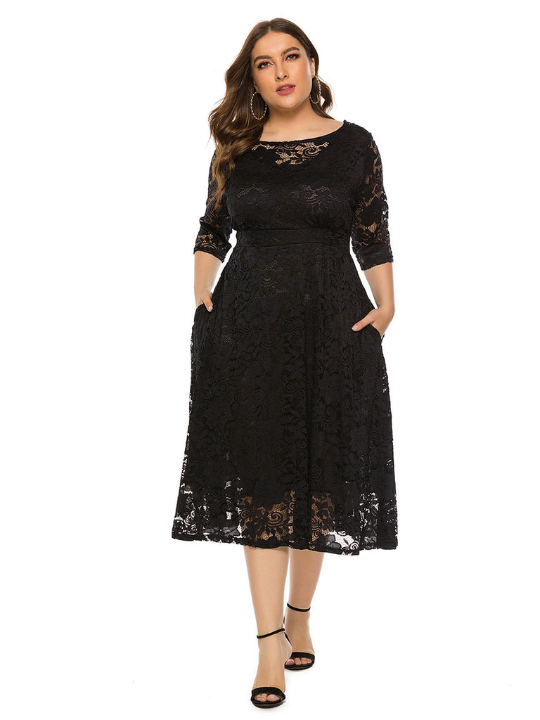 plus size lace swing dress Roaman's Plus Size 3/4 Sleeve Allover Lace Swing Dress