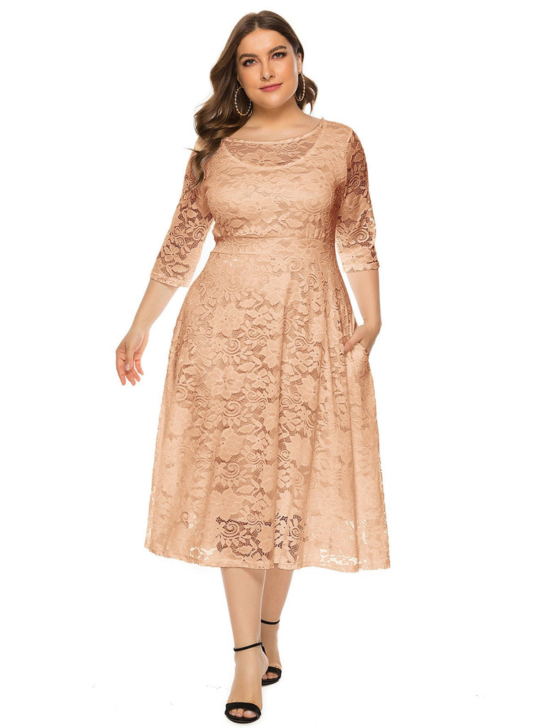 Beige 1940s Lace Midi Swing Dress - vintage dress, retro fashion, rockabilly