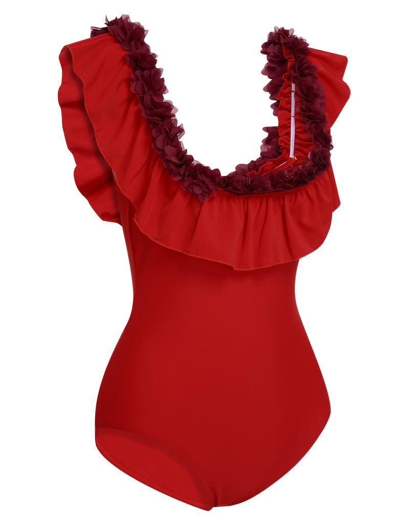 1940s Solid Petal Patchwork One Shoulder Swimsuit — 1940s poolside glamour meets sun-drenched confidence