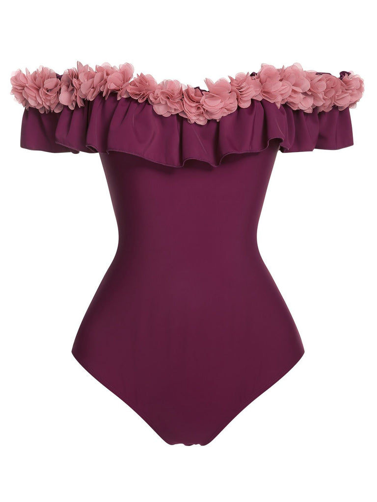 1940s Solid Petal Patchwork One Shoulder Swimsuit, vintage swimsuit, pin-up swimwear - perfect for women who love vintage and retro fashion