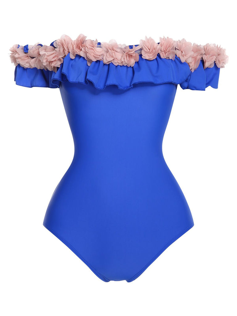 1940s Solid Petal Patchwork One Shoulder Swimsuit, vintage swimsuit, pin-up swimwear - perfect for women who love vintage and retro fashion
