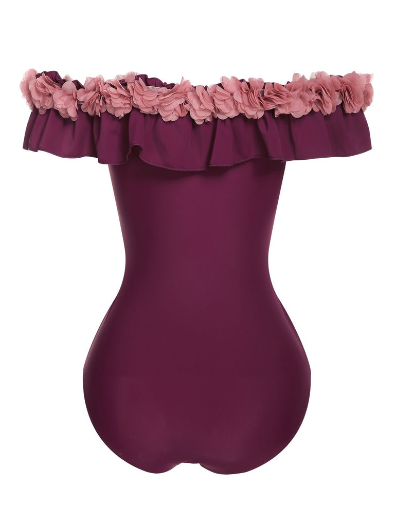 1940s Solid Petal Patchwork One Shoulder Swimsuit, vintage swimsuit, pin-up swimwear - perfect for women who love vintage and retro fashion