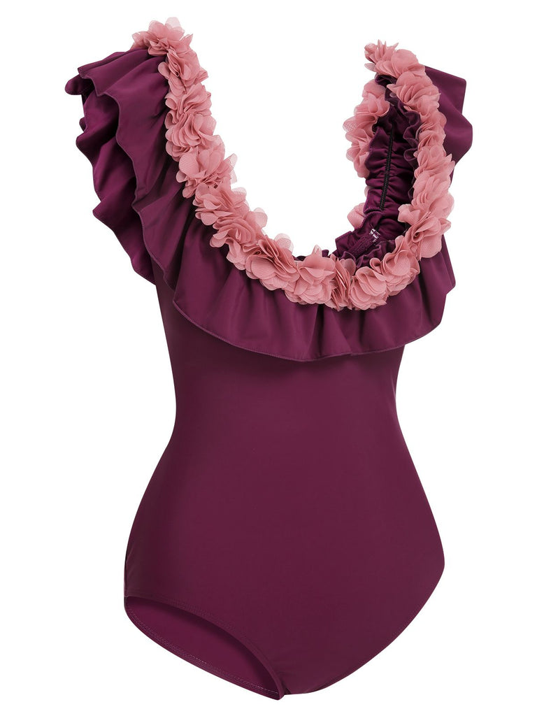 1940s Solid Petal Patchwork One Shoulder Swimsuit, vintage swimsuit, pin-up swimwear - perfect for women who love vintage and retro fashion
