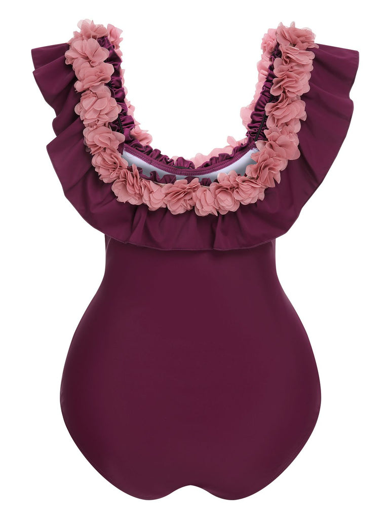 1940s Solid Petal Patchwork One Shoulder Swimsuit, vintage swimsuit, pin-up swimwear - perfect for women who love vintage and retro fashion