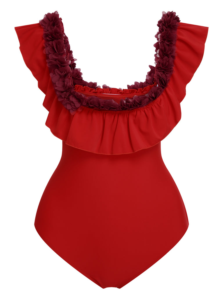 This 1940s Solid Petal Patchwork One Shoulder Swimsuit carries 1940s vacation dreams in every stitch