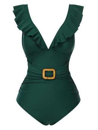 She's wearing 1940s Solid Ruffle Collar Lace-Up Swimsuit and the whole beach remembers the 1940s