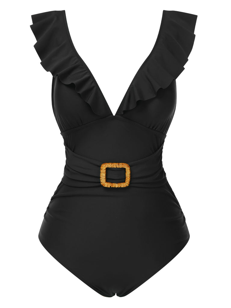 1940s Solid Ruffle Collar Lace-Up Swimsuit — 1940s poolside glamour meets sun-drenched confidence