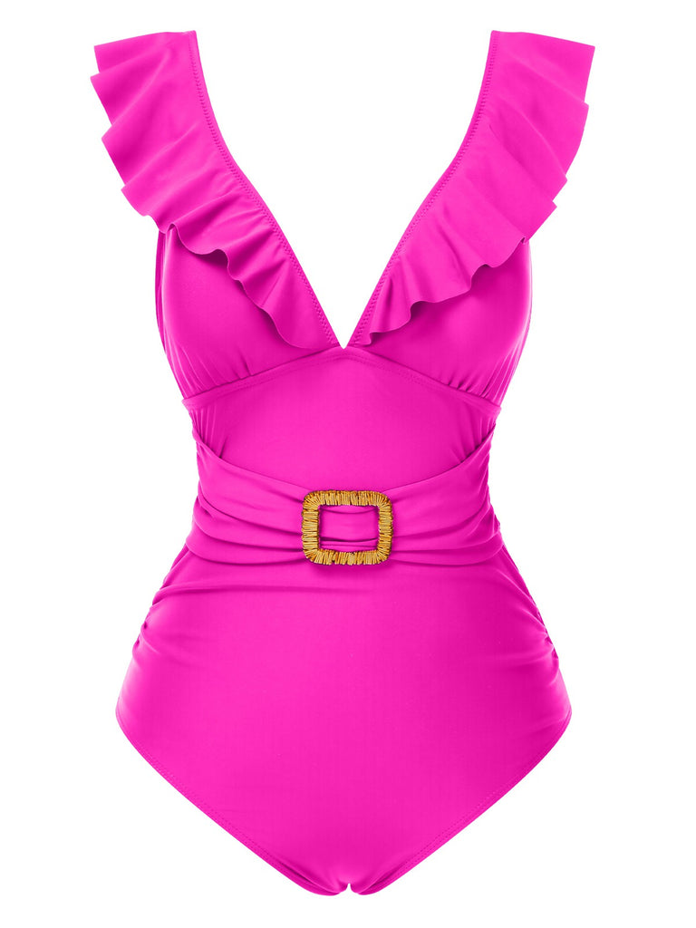 1940s Solid Ruffle Collar Lace-Up Swimsuit — because 1940s glamour never goes out of style