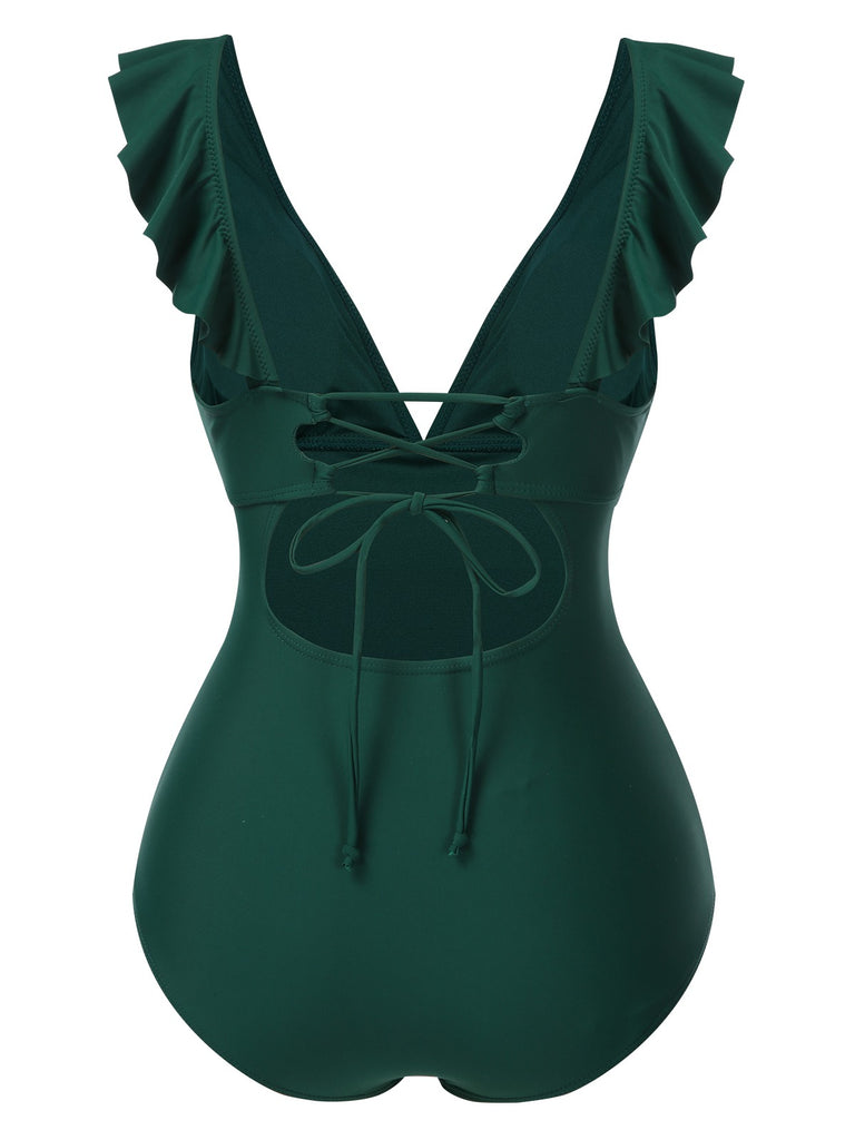 1940s Solid Ruffle Collar LaceUp | 1940s | vintage swimsuit, retro beachwear