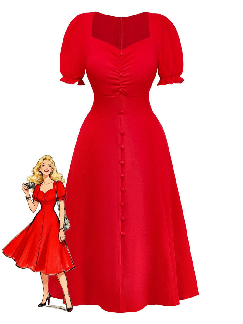 Vintage Sweetheart Neck Puff Sleeve Solid Empire Waist Dress Red