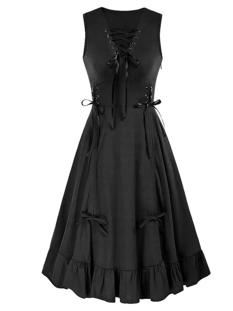 1940s Solid Sleeveless Drawstring Lace-Up Dress - vintage dress, retro fashion