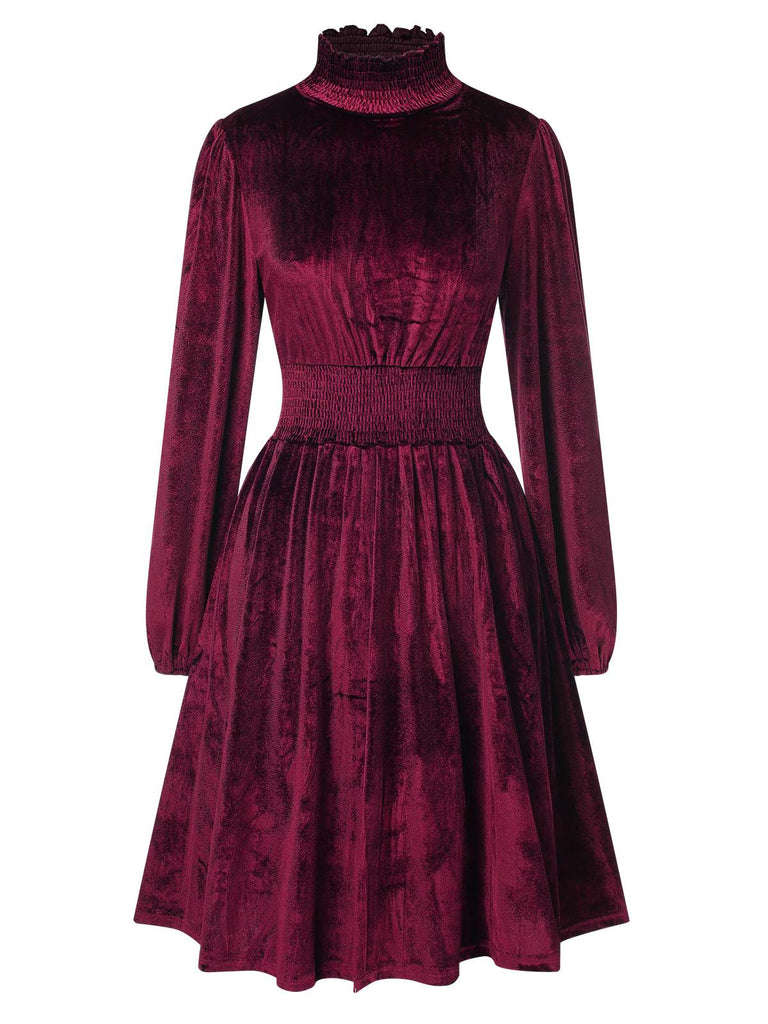 Women's Solid Stand Collar Velvet Dress Wine Red Women's Solid Stand Collar Velvet Dress Wine Red
