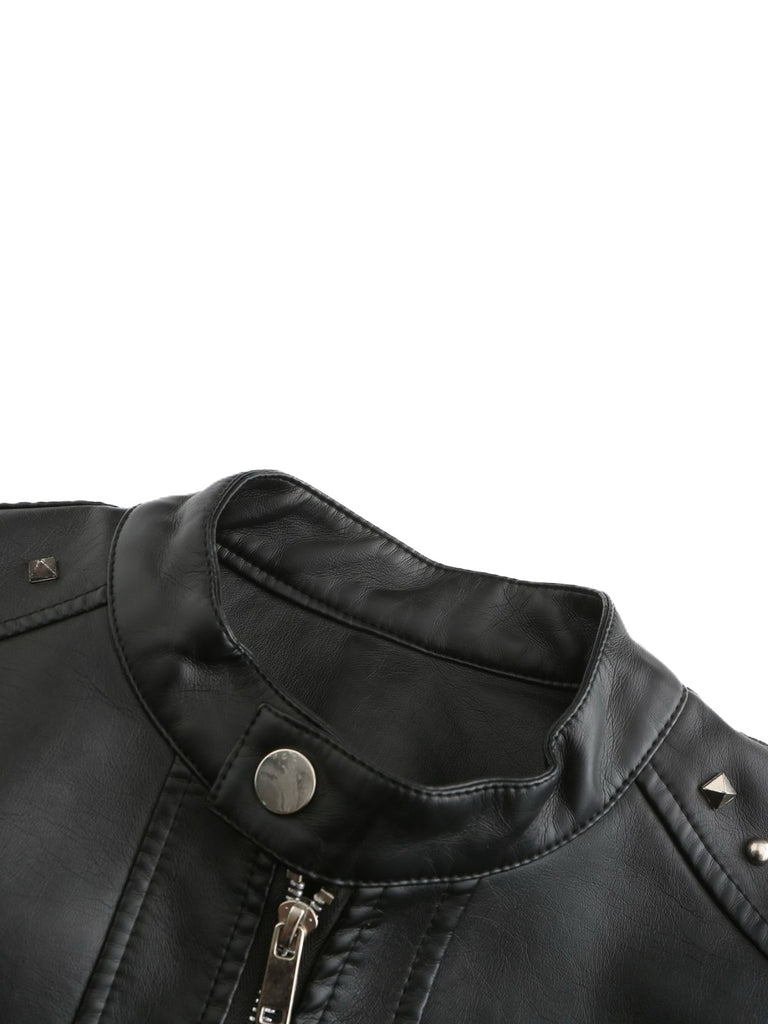 1940s Solid Studded Stand Collar Leather Jacket - vintage fashion, retro style
