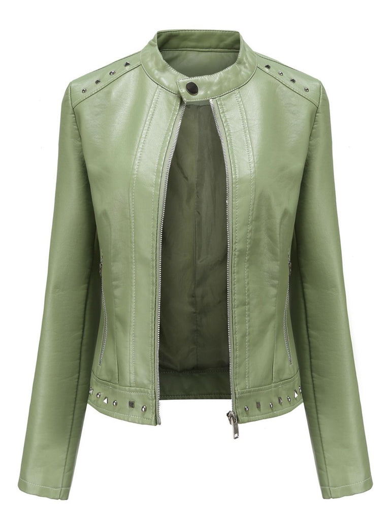 1940s Solid Studded Stand Collar Leather Jacket - vintage fashion, retro style