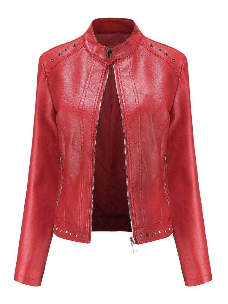 1940s Solid Studded Stand Collar Leather Jacket - vintage fashion, retro style