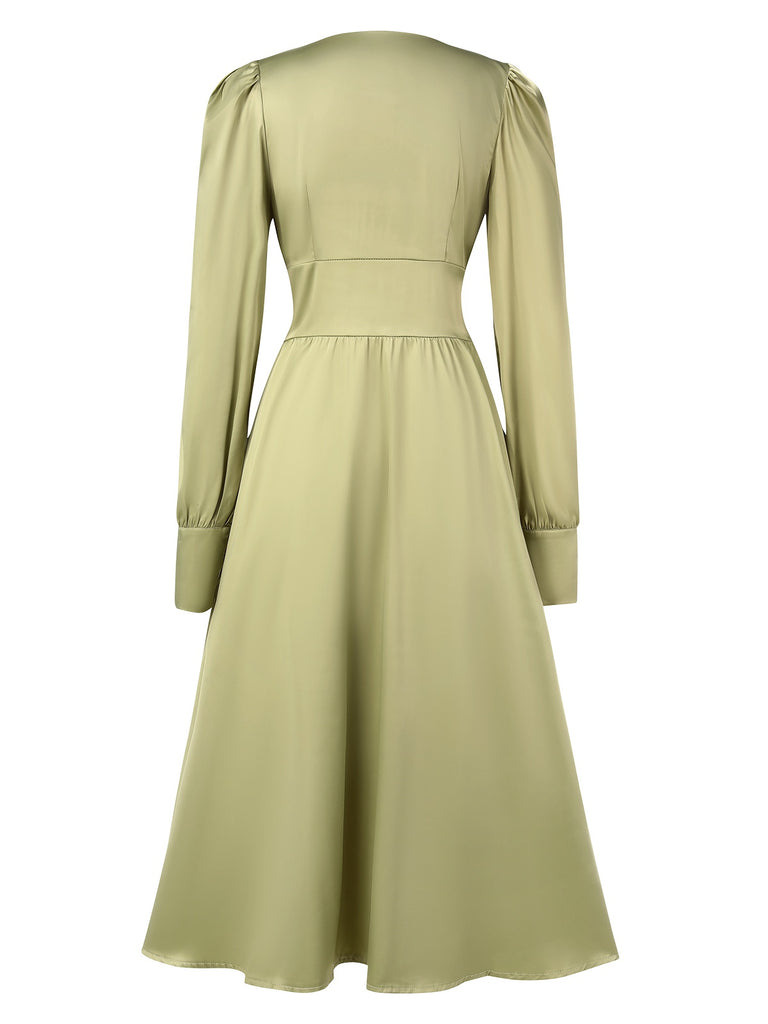 1940s Solid V-Neck Faux Satin Button Dress 1940s Solid V-Neck Faux Satin Button Dress