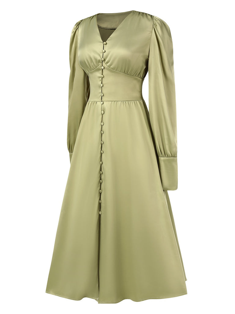green satin button dress 1940s Solid V-Neck Faux Satin Button Dress