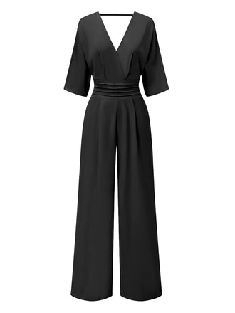 She finds her 1940s story in this 1940s Solid V-Neck Half Sleeves Jumpsuit