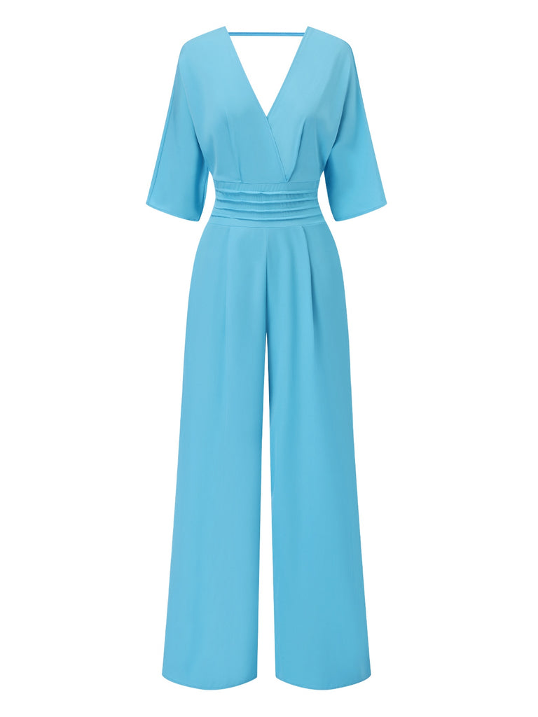 1940s Solid V-Neck Half Sleeves Jumpsuit — 1940s style that transcends decades