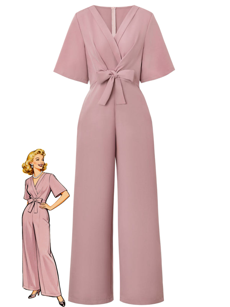 1940s Solid V-Neck Tie Short Sleeve Jumpsuit - vintage jumpsuit, retro fashion