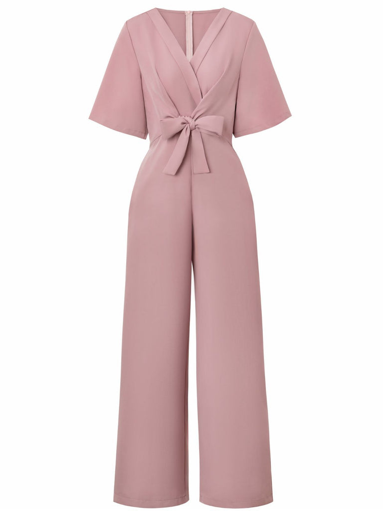 1940s Solid V-Neck Tie Short Sleeve Jumpsuit - vintage jumpsuit, retro fashion