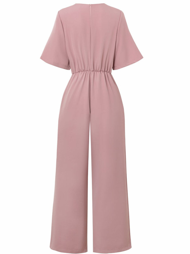 1940s Solid V-Neck Tie Short Sleeve Jumpsuit - vintage jumpsuit, retro fashion