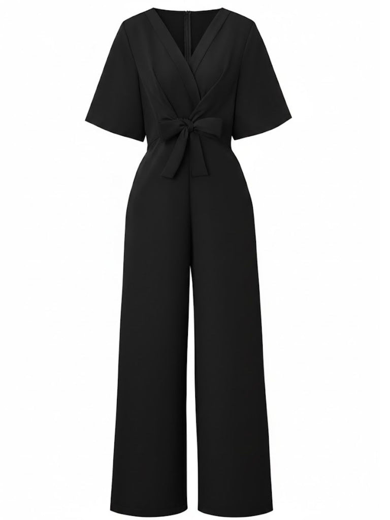 1940s Solid V-Neck Tie Short Sleeve Jumpsuit - vintage jumpsuit, retro fashion
