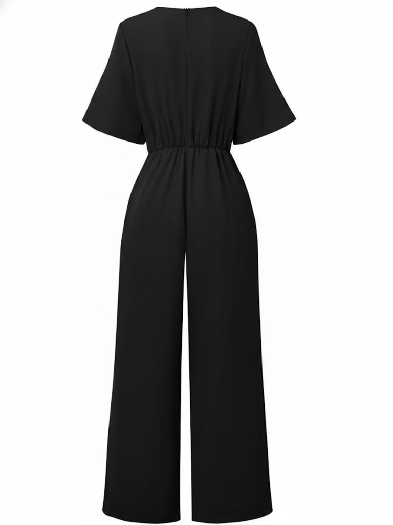 1940s Solid V-Neck Tie Short Sleeve Jumpsuit - vintage jumpsuit, retro fashion